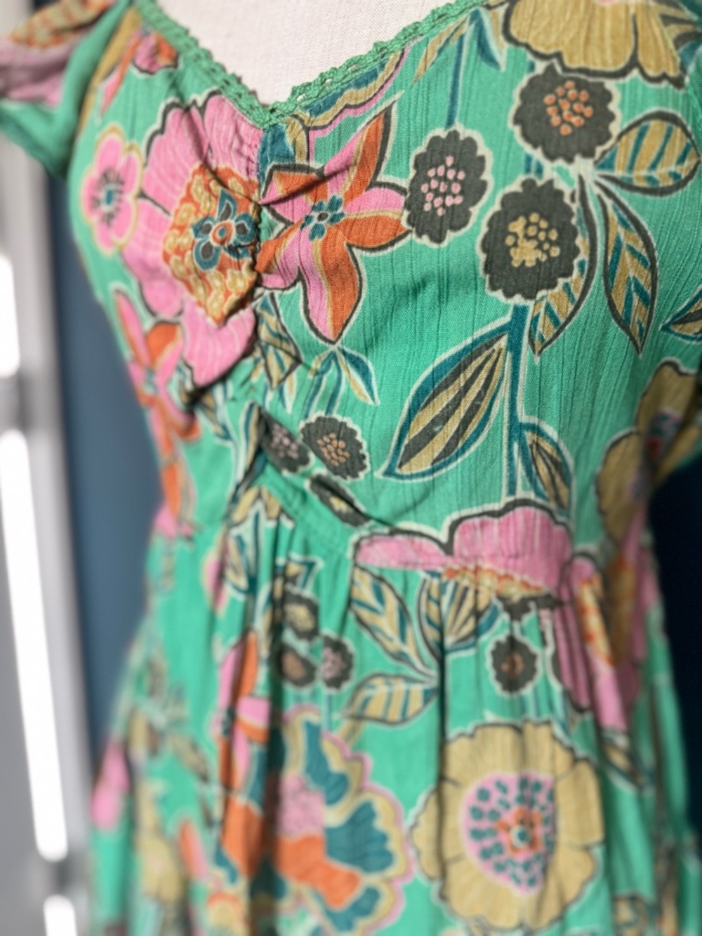 Angie Green Floral Mini Dress with Pink & Yellow Accents - Picture 2 of 4